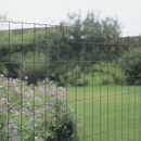 Оградна мрежа PANTANET FAMILY в зелен двор, заобиколена от цветя и зеленина.