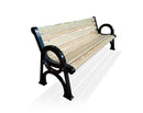 Дървена градинска пейка с чугунени крака, идеална за външни пространства, размери 195 x 60 x 78 см.