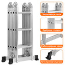 Сгъваема алуминиева стълба с заключващи панти, оребрени стъпала и стабилизиращи крака за безопасност и функционалност.