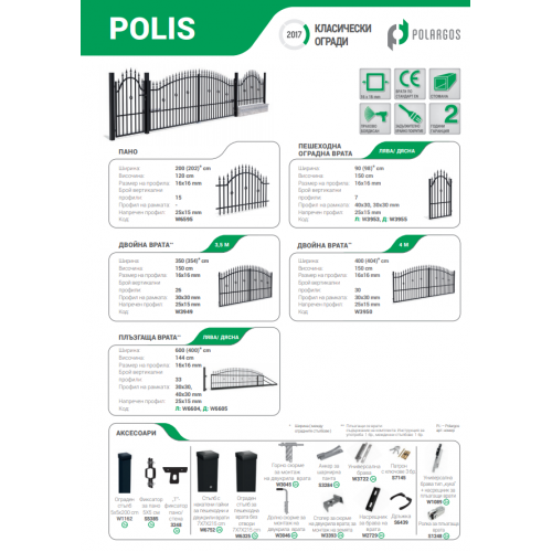 Каталожна страница POLARGOS за серия POLIS – пана, врати и аксесоари с размери и кодове