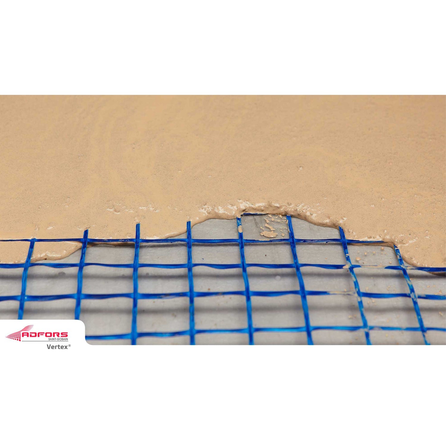 Мрежа за подови замазки Vertex G96 с тънък слой хоросан върху синя PVC мрежа.